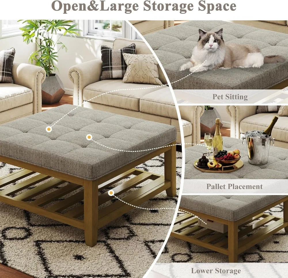 Square Ottoman Coffee Table With Wood Shelf Storage Tufted
