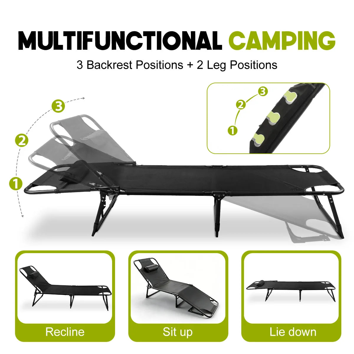 Adjustable Folding Camping Lounge Chair With Removable Soft Cushion And 3 Position Reclining