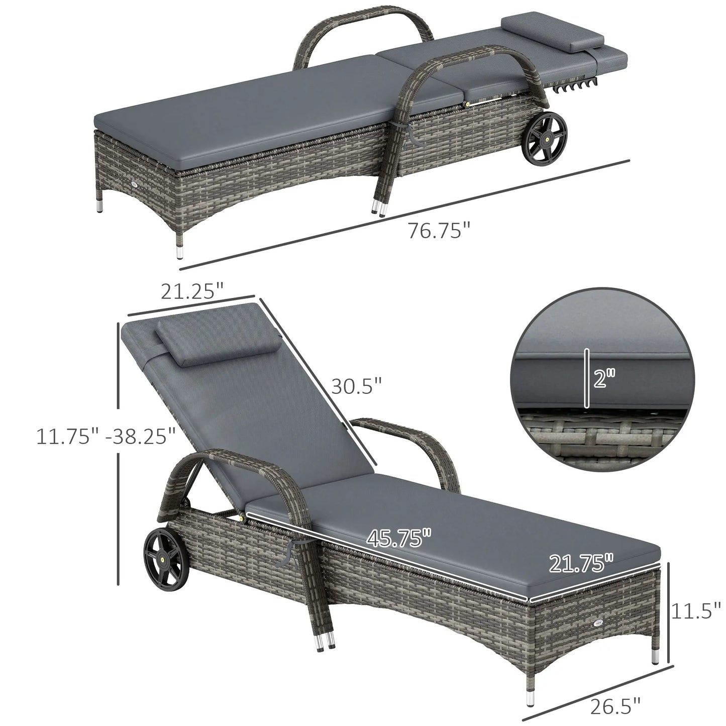 Outdoor Reclining Sofa With Cushion Headrest And Rolling PE Rattan
