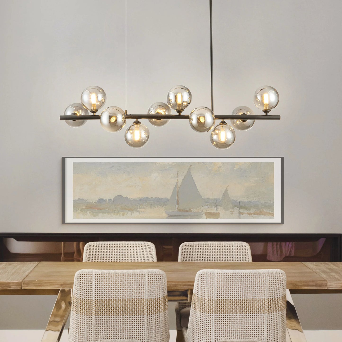 10 Light Adjustable Chandelier Smoked Glass Globes Mid Century Modern