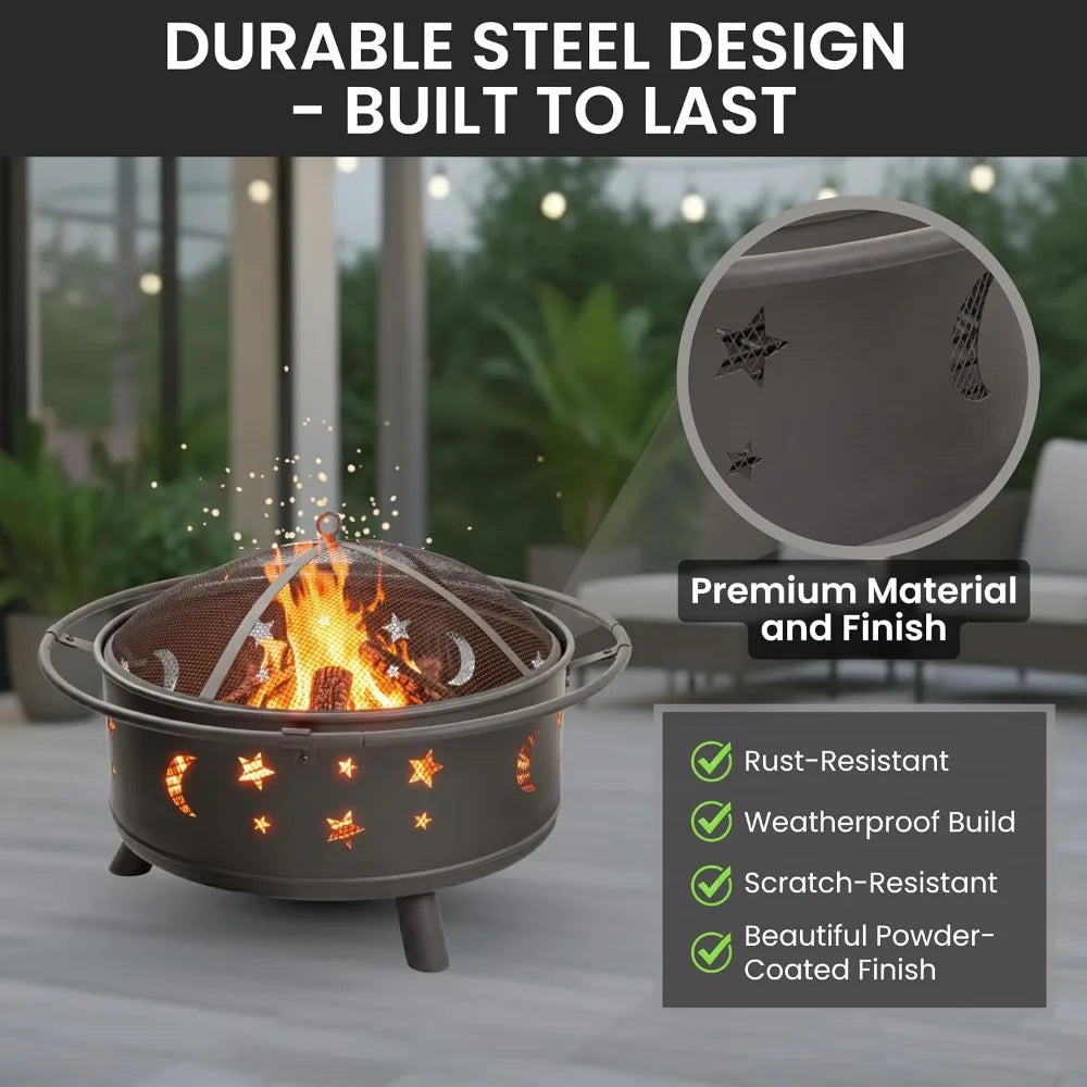 Outdoor Wood Burning Fire Pit With Spark Screen Poker Cover