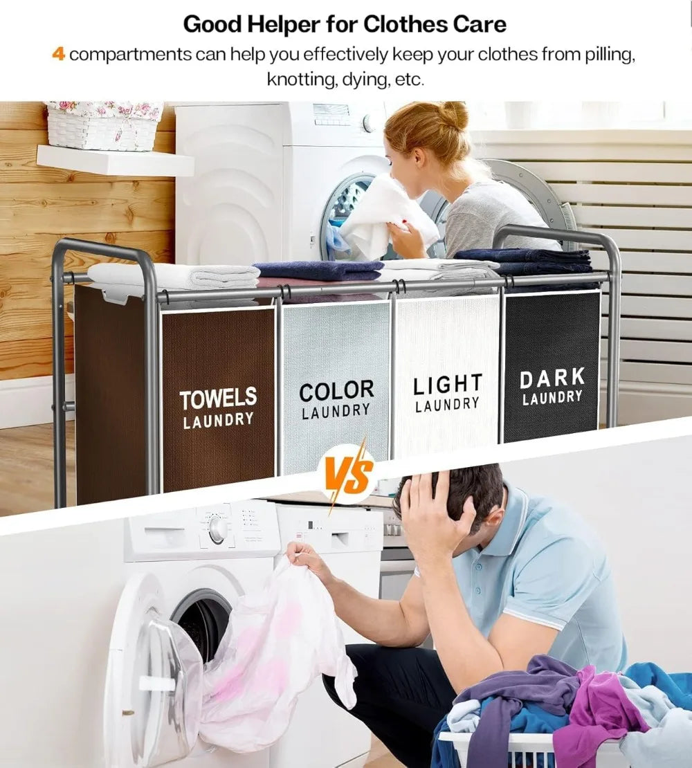 4-Section Laundry Hamper Sorter Cart With Lockable Wheels