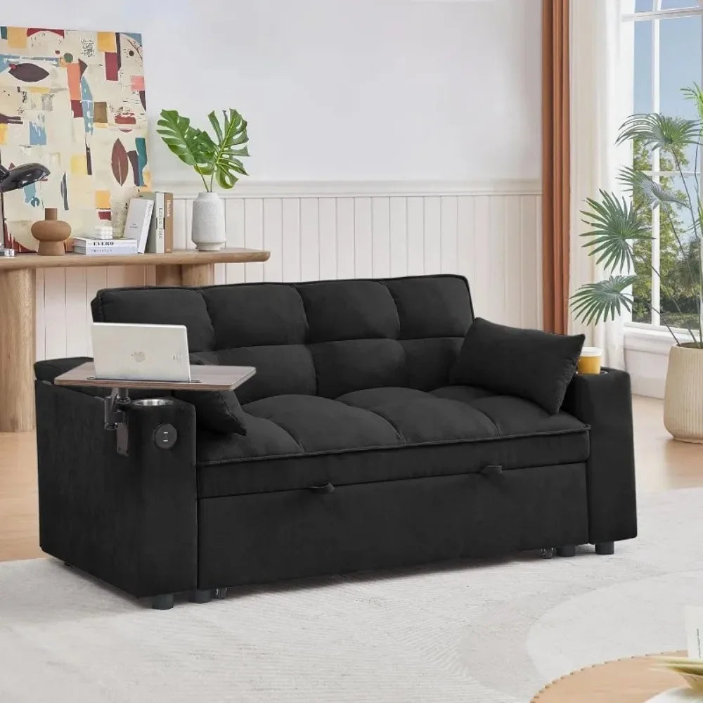 3-In-1 Folding Convertible Sofa Bed Pullout Chenille 360-Degree Swivel Table