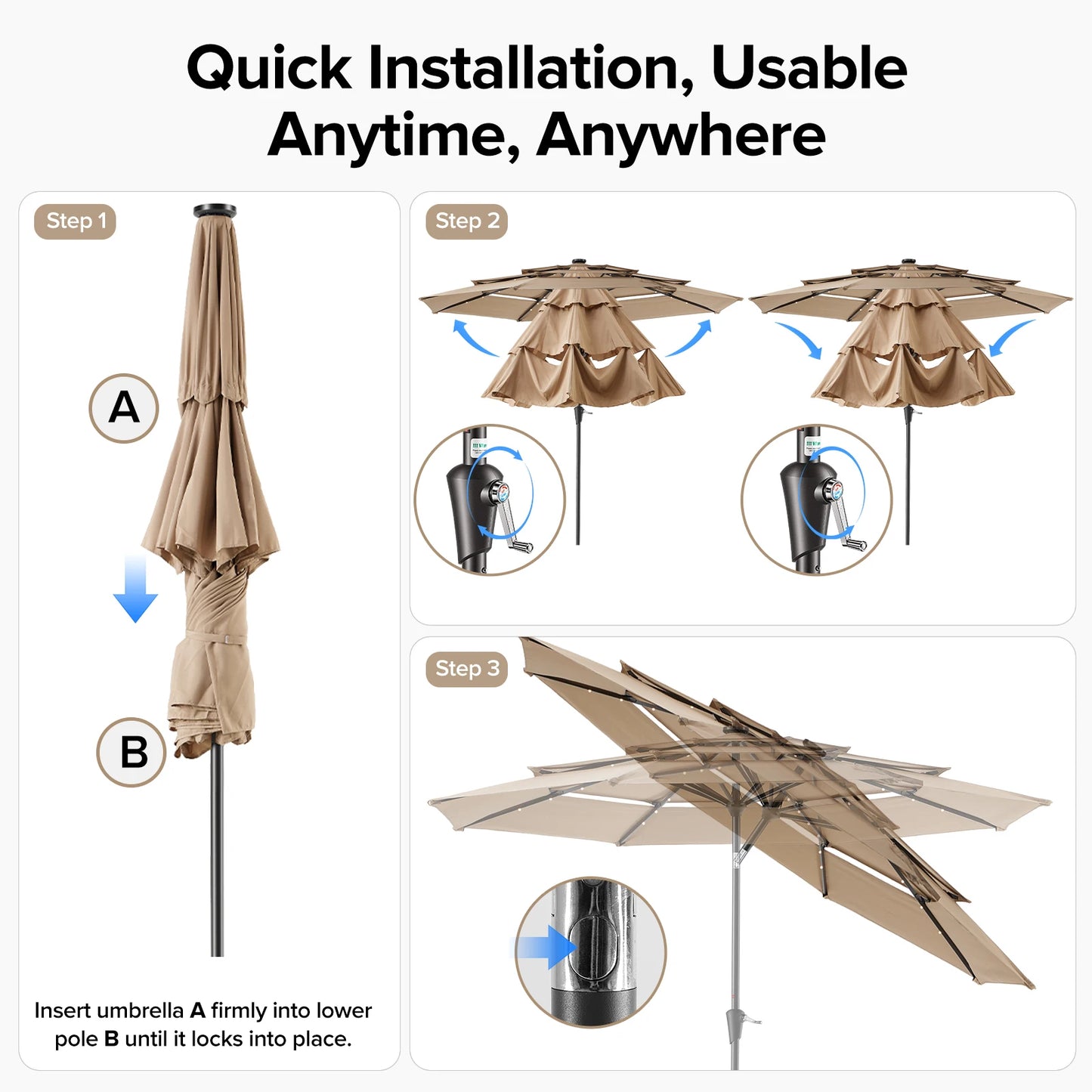 JHK 3-Tier Patio Umbrella With 32 LED Lights And Crank