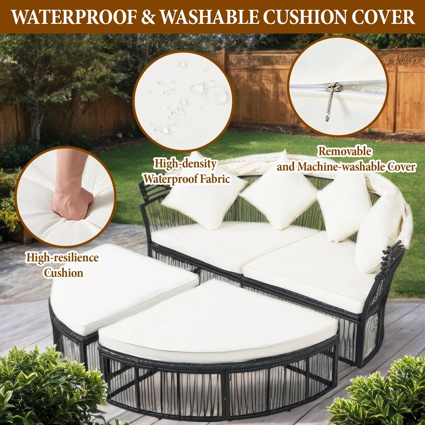 Avenvista Outdoor Rattan Daybed With Foldable Canopy And Cushions
