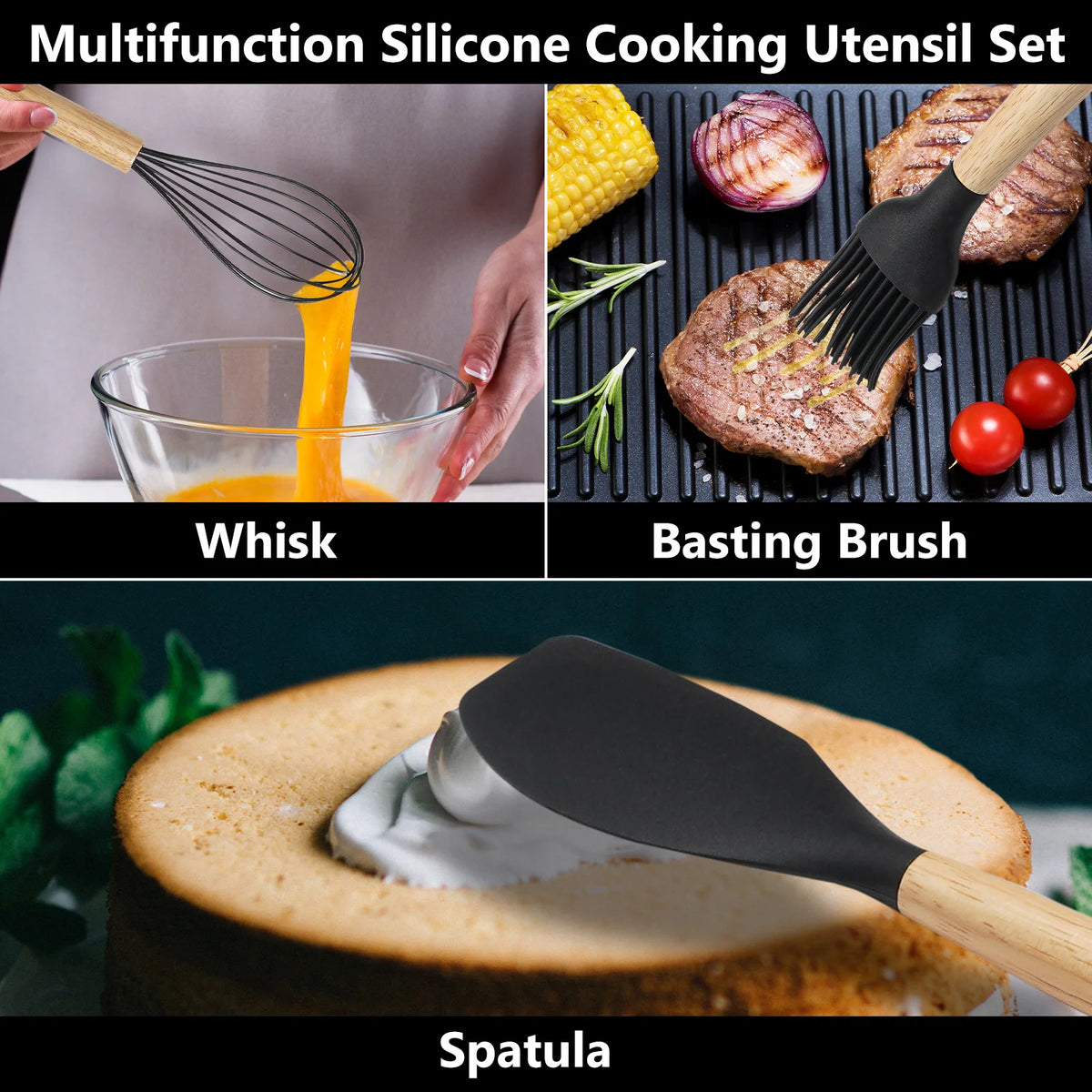 Koomade Silicone Cooking Utensil Set With Wooden Handles And Holder