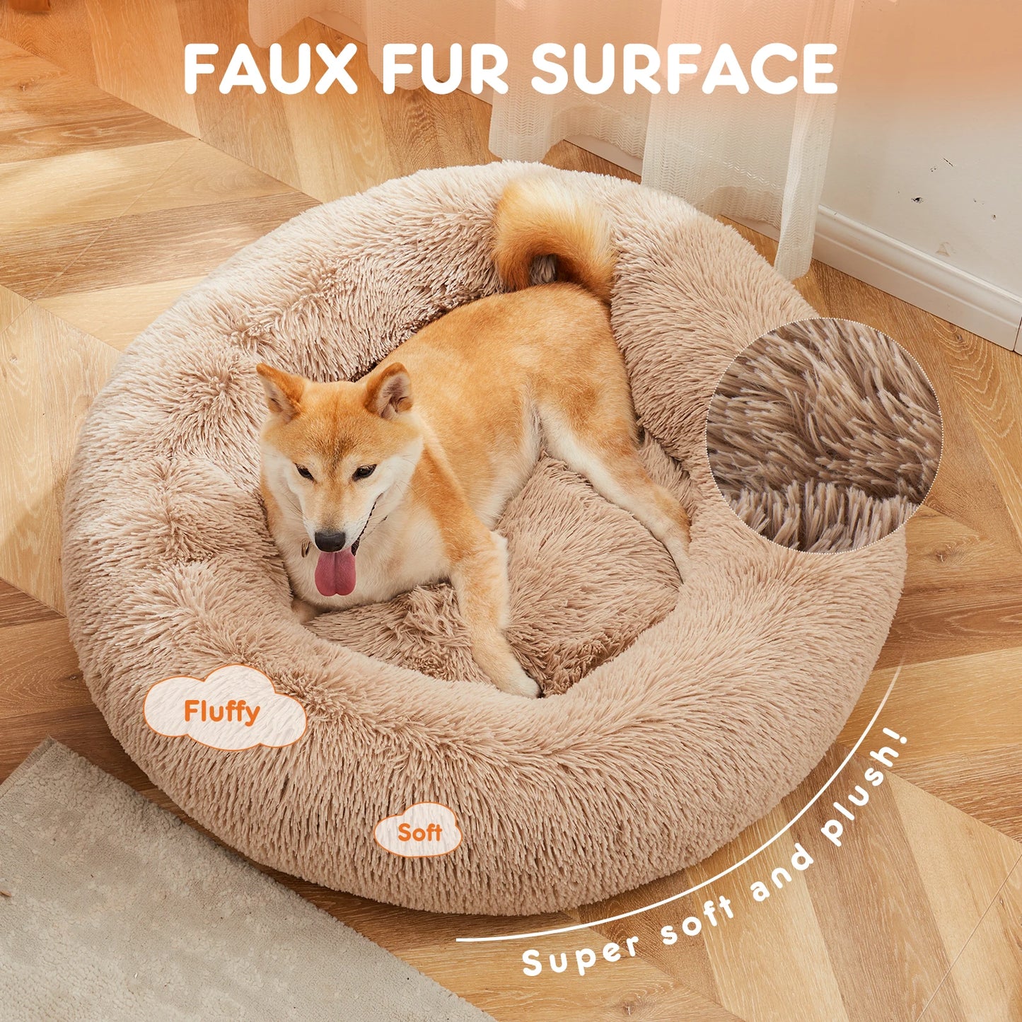 JHK Calming Round Dog Bed For Medium To Large Dogs Washable Plush Faux Fur