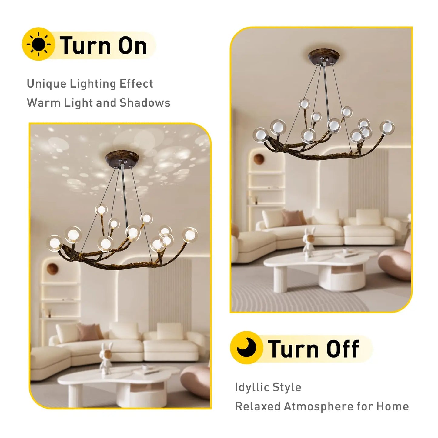 Retro Glass Globe Chandelier, 12-Light Modern LED Wood Branch Tree Hanging Lamp, Glass Bubble Pendant Ceiling Light 36W 110V
