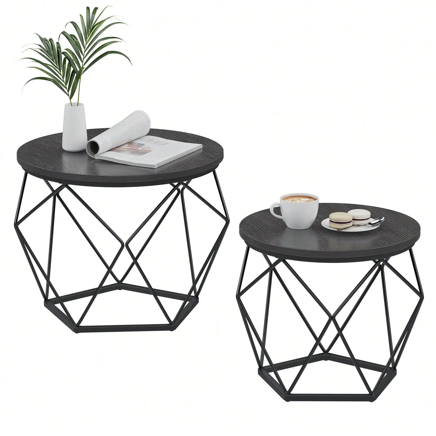 Round Coffee Table Set of 2 With Steel Frame for Living Room