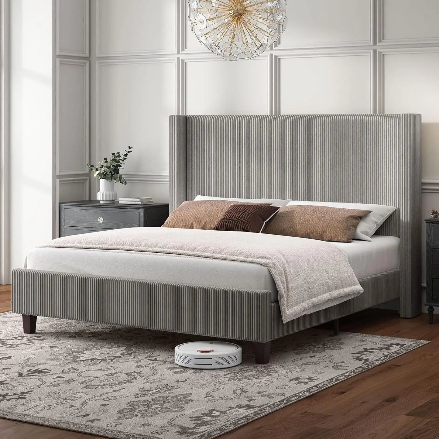 General Modern Corduroy Wingback Upholstered Bed Frame