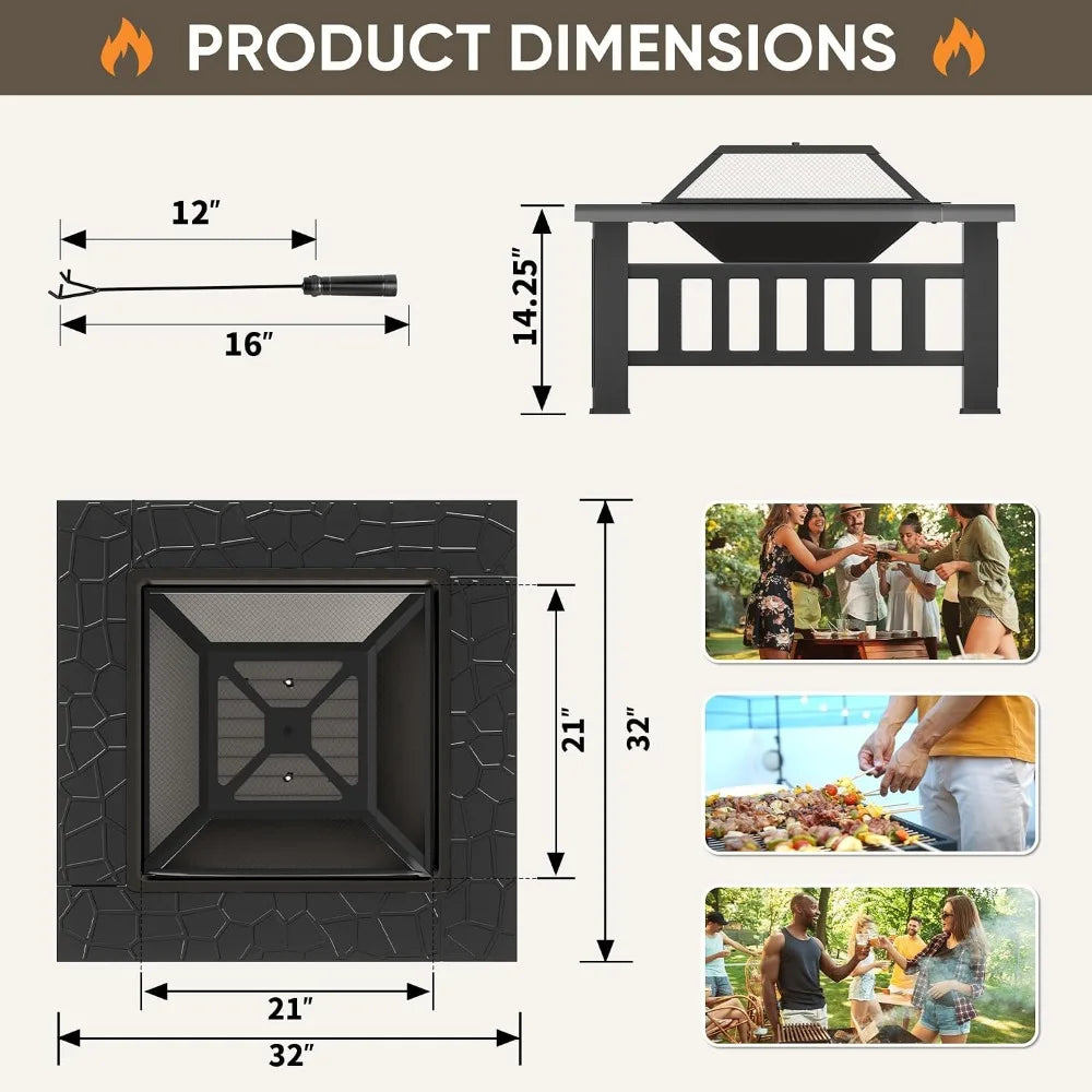 Metal Square Fire Pit Table With Spark Screen Outdoor Cover
