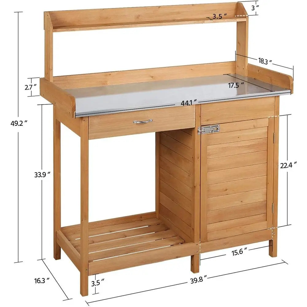 Wooden Outdoor Potting Bench With Metal Top Cabinet Drawer