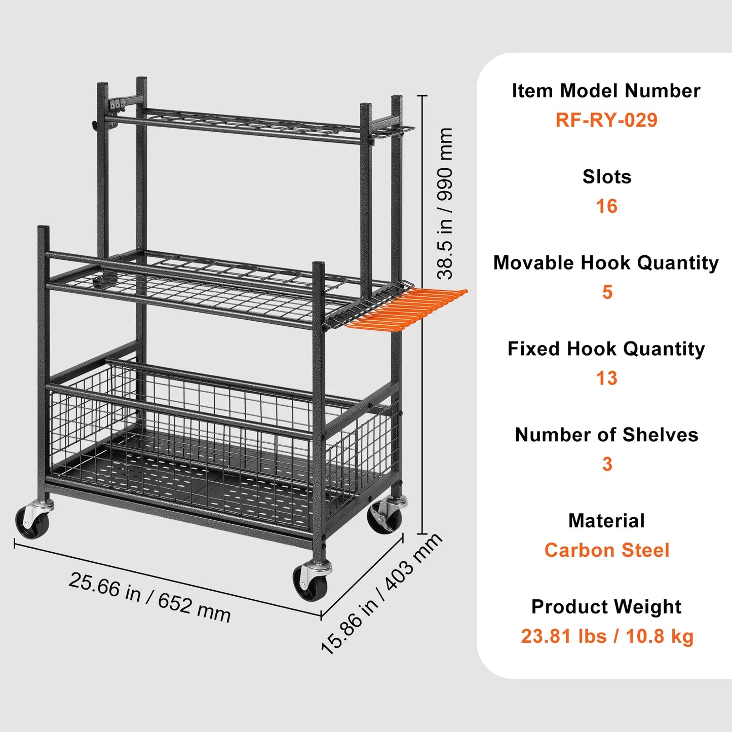 Garden Tool Organizer Rack With 16 Slots And Wheels For Garage