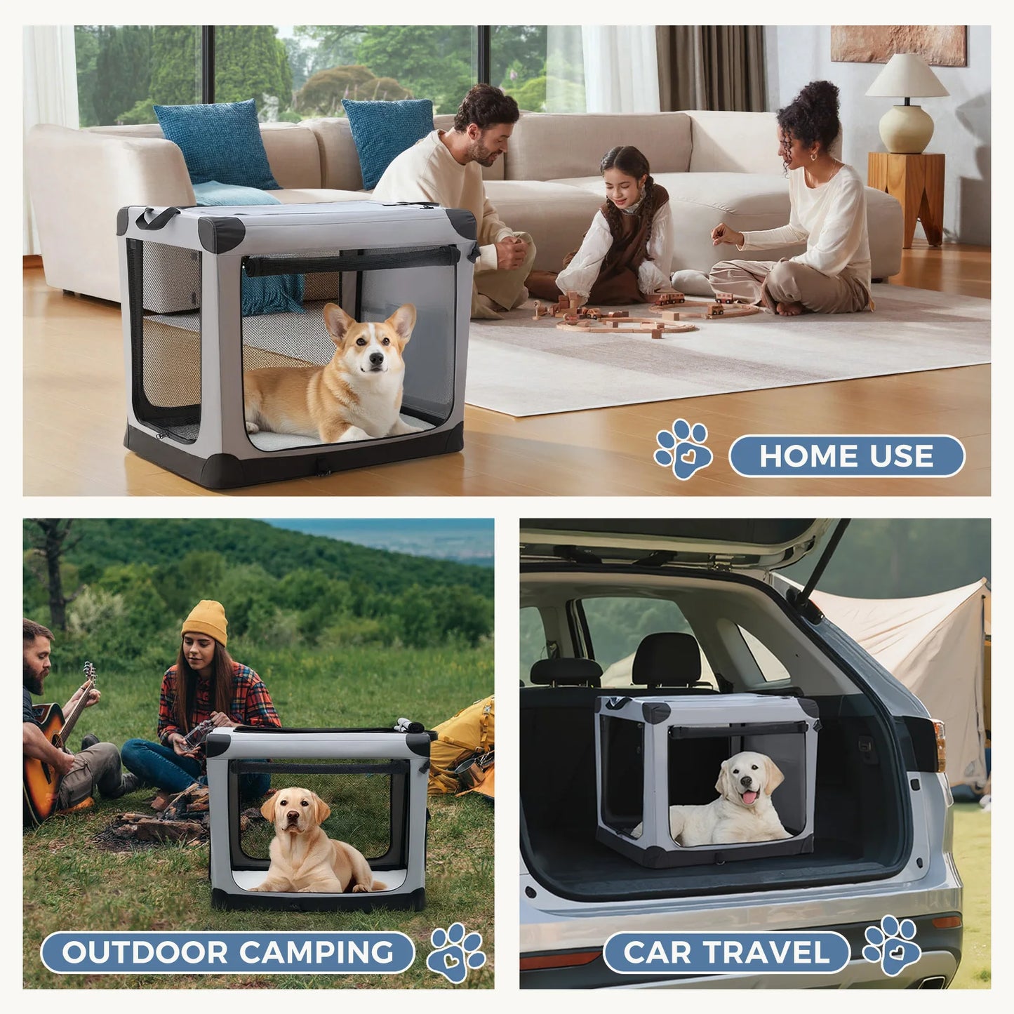 JHK Foldable Portable Dog Crate Kennel With Three Doors