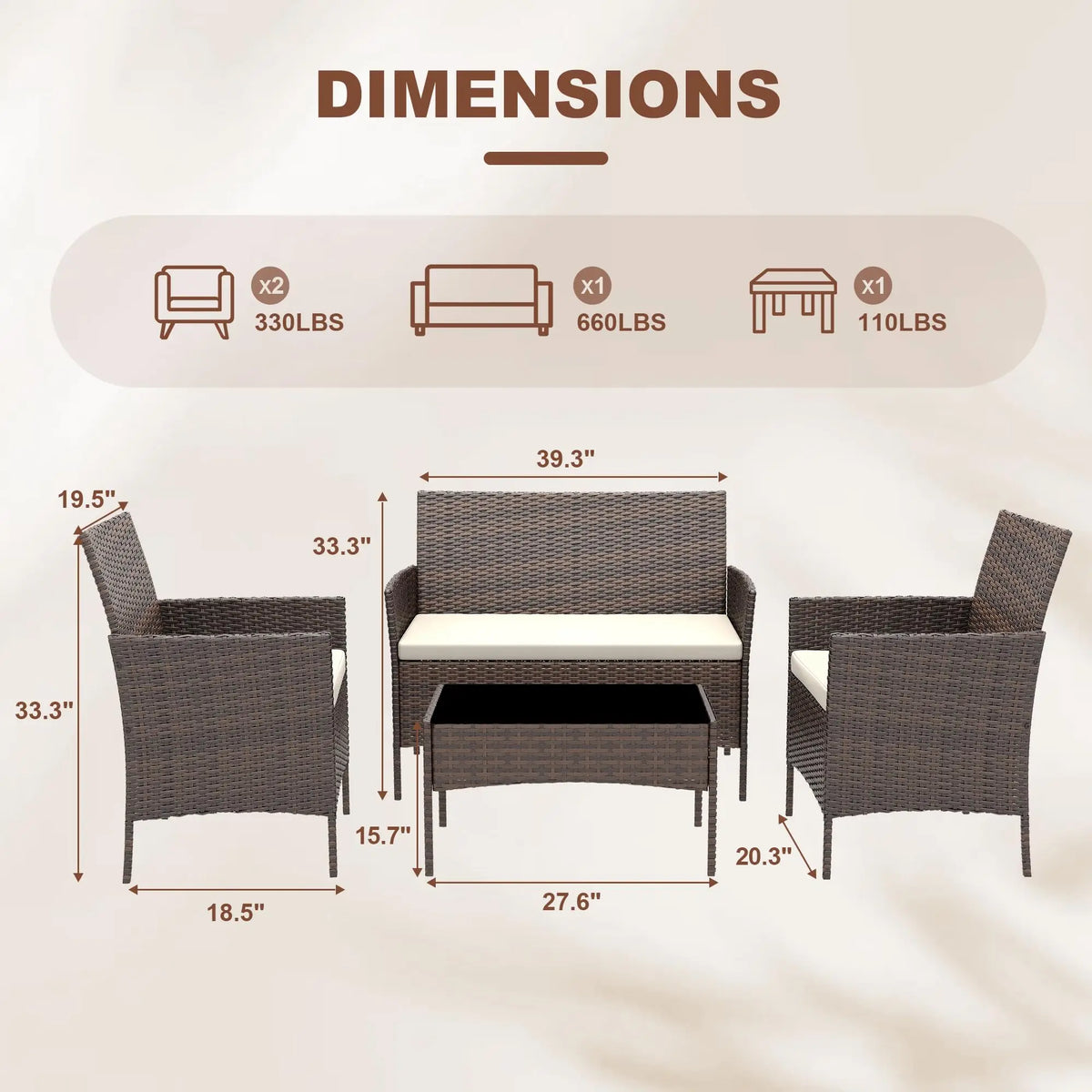 HiMISS Outdoor Rattan Patio Furniture Set With Cushions And Glass Table