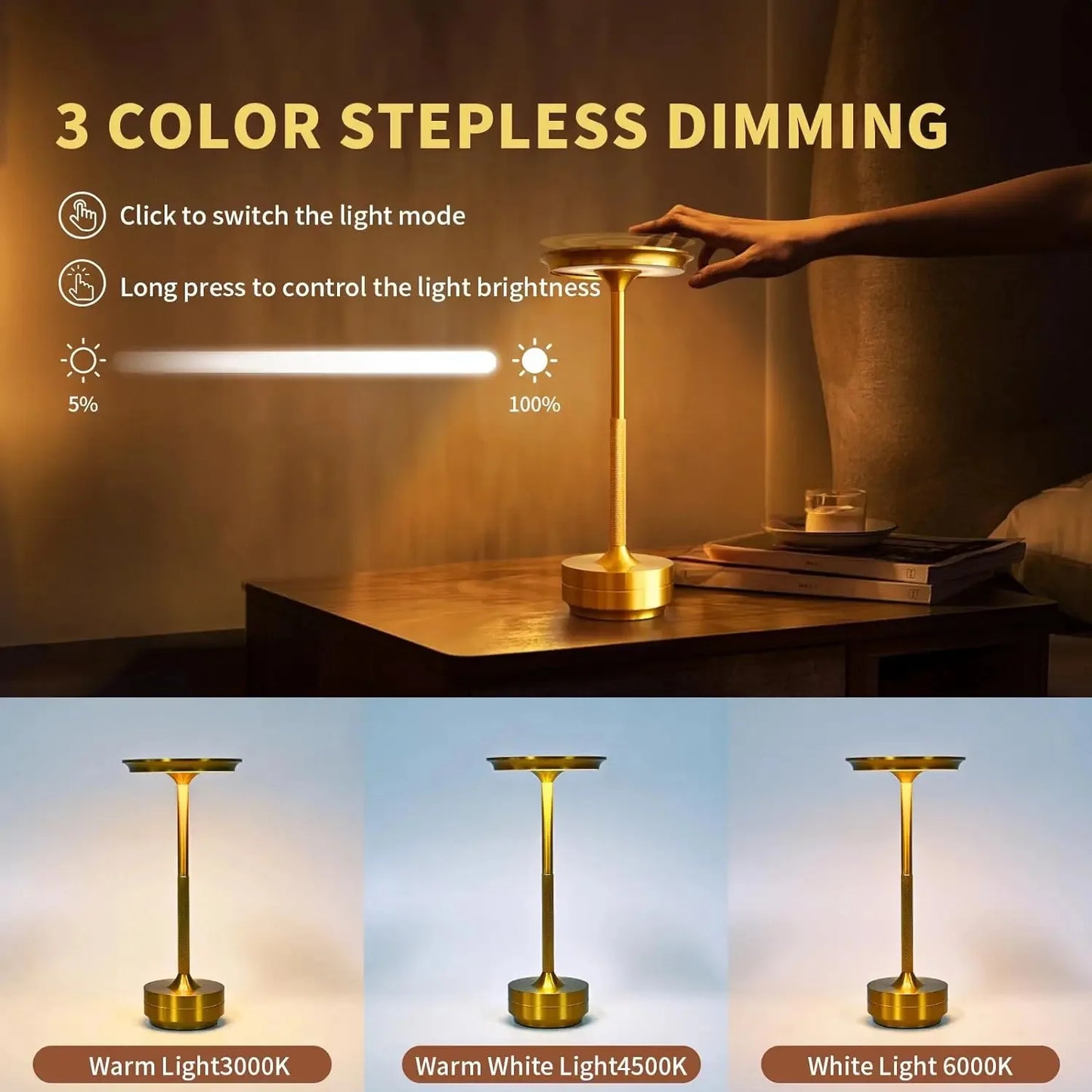 HPH LED Desk Lamp USB Touch Dimming Metal Night Light
