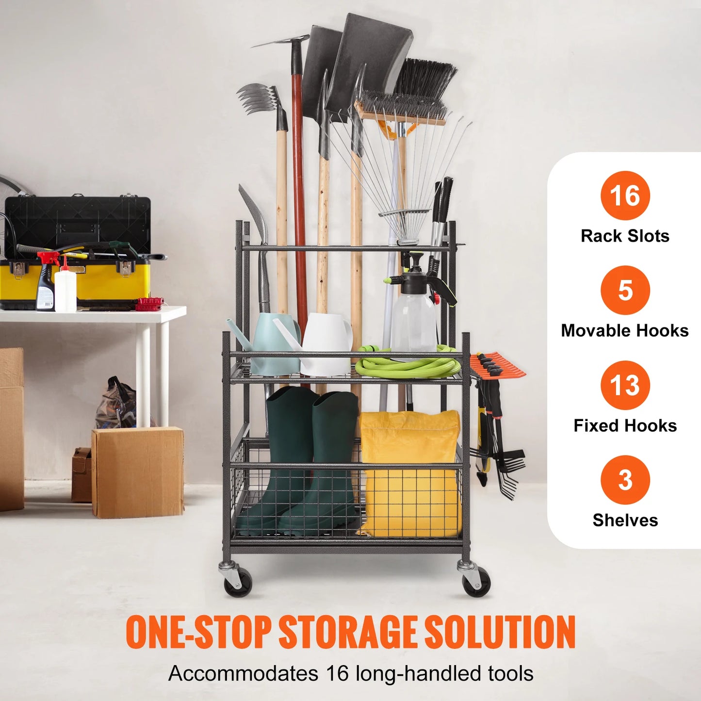 Garden Tool Organizer Rack With 16 Slots And Wheels For Garage