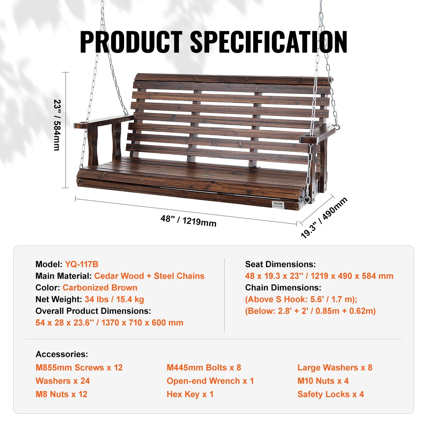 SucceBuy Cedar Wood Porch Swing Outdoor Bench With Steel Chains 880 LB Capacity