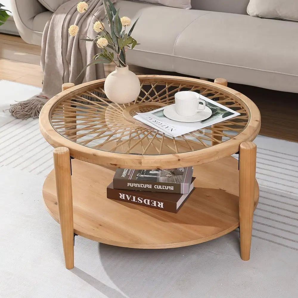 Two Tier Round Rattan Coffee Table With Tempered Glass Top