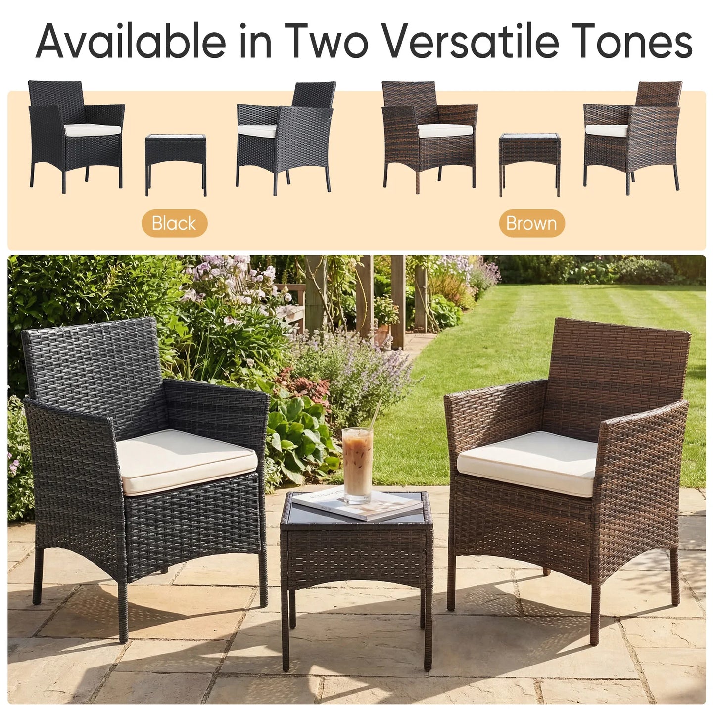 JHK 3-Piece Outdoor Rattan Patio Set With Glass Table Cushions