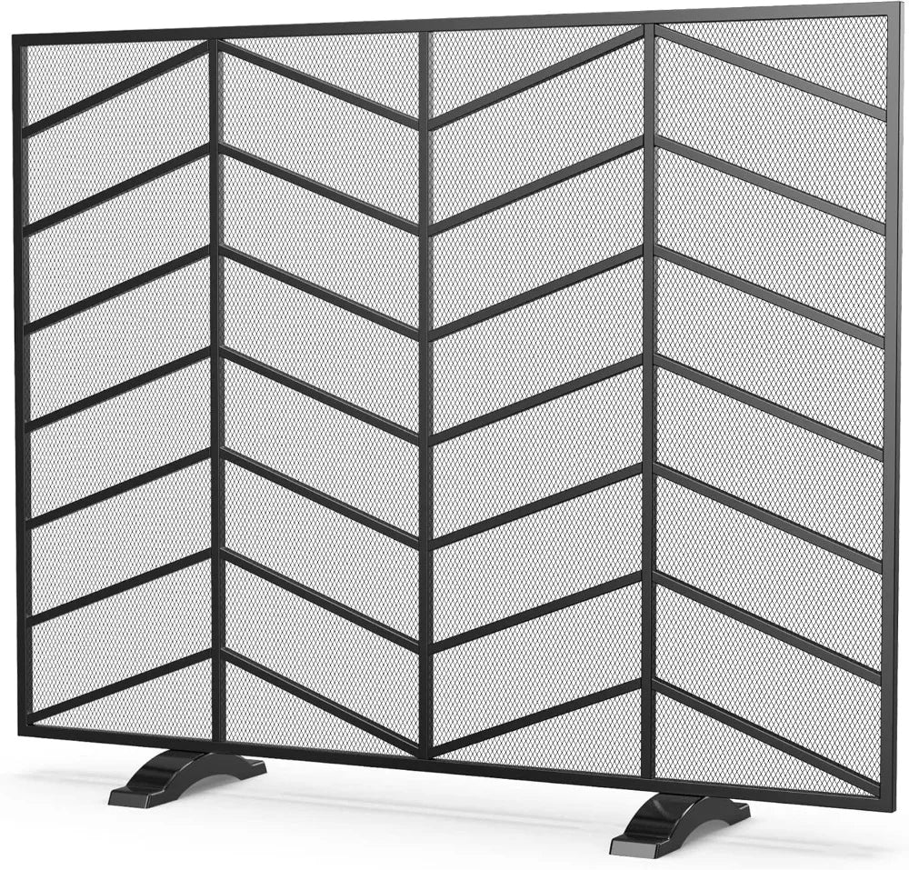 Handcrafted Wrought Iron Chevron Mesh Single Panel Fireplace Screen