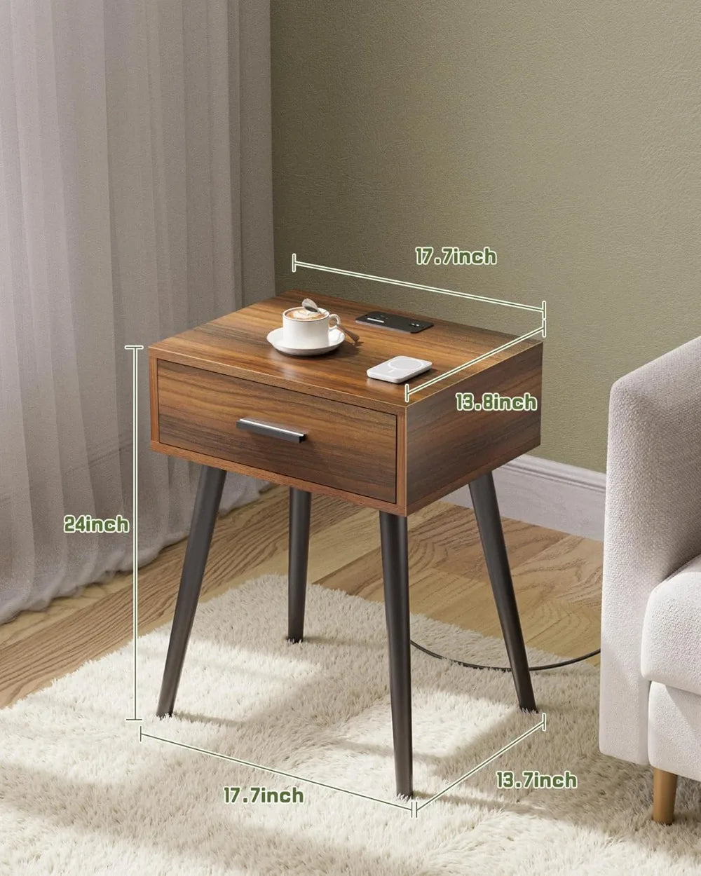 Mid Century Modern Nightstands Set of 2 With Charging Station