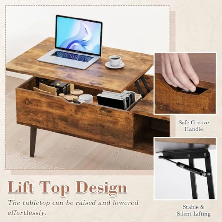 Lift Top Coffee Table With Hidden Compartment And Storage Shelf
