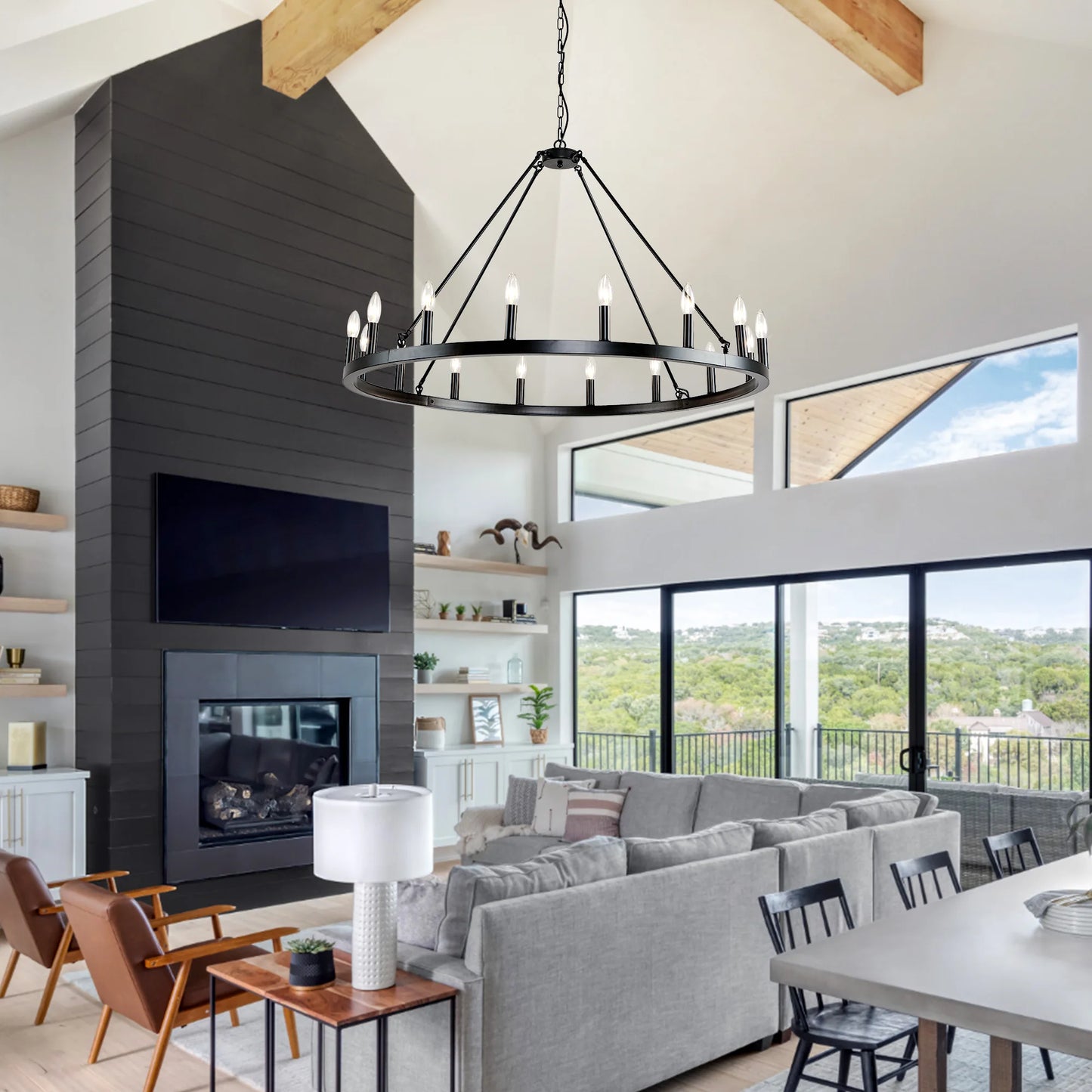 LovingC 16-Light Wagon Wheel Chandelier Modern Rustic Pendant