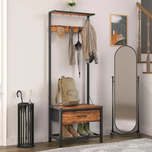 XIUWO Hall Tree With Shoe Bench And 4 In 1 Entryway Organizer