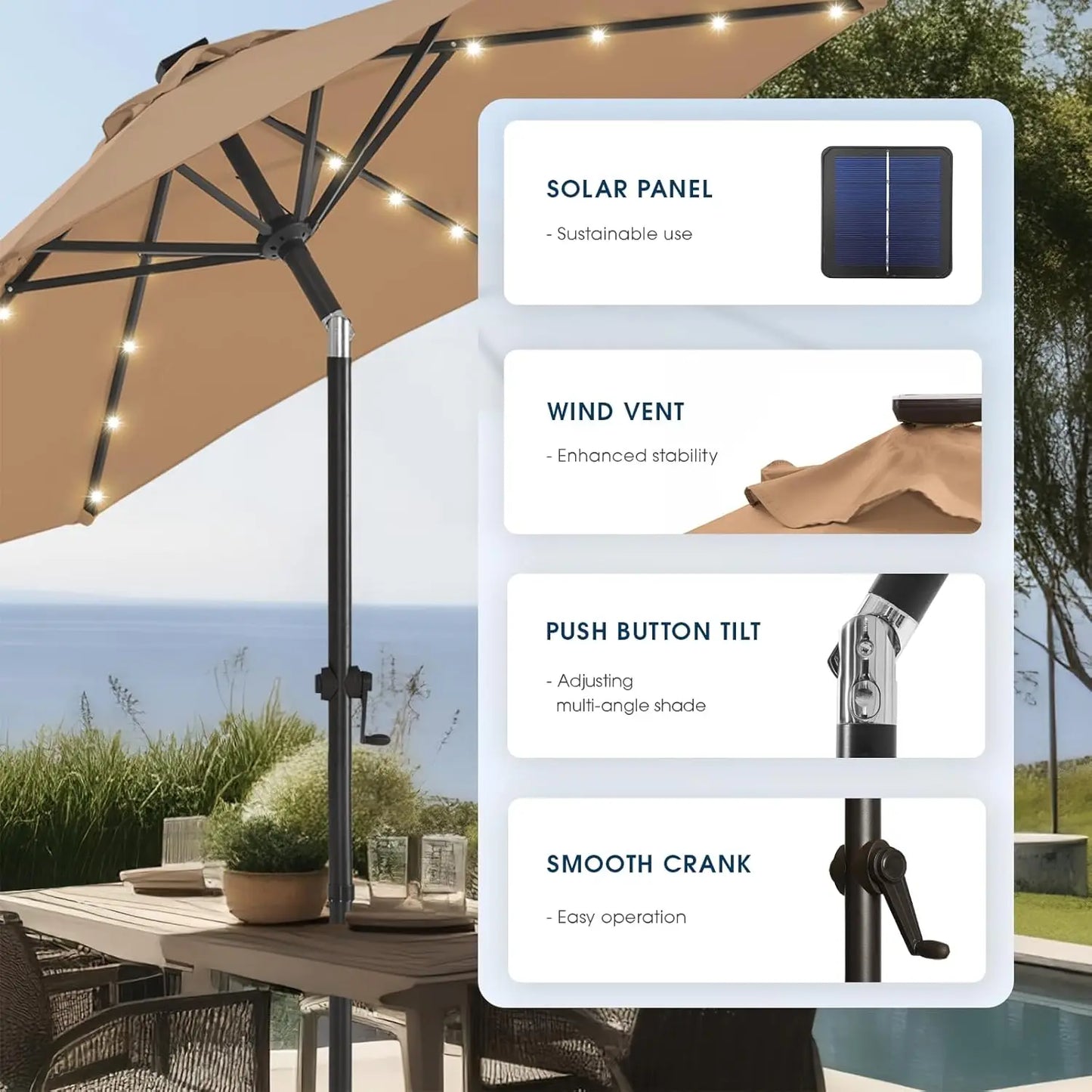 Solar Powered Patio Umbrella With Base And 32 LED Lights