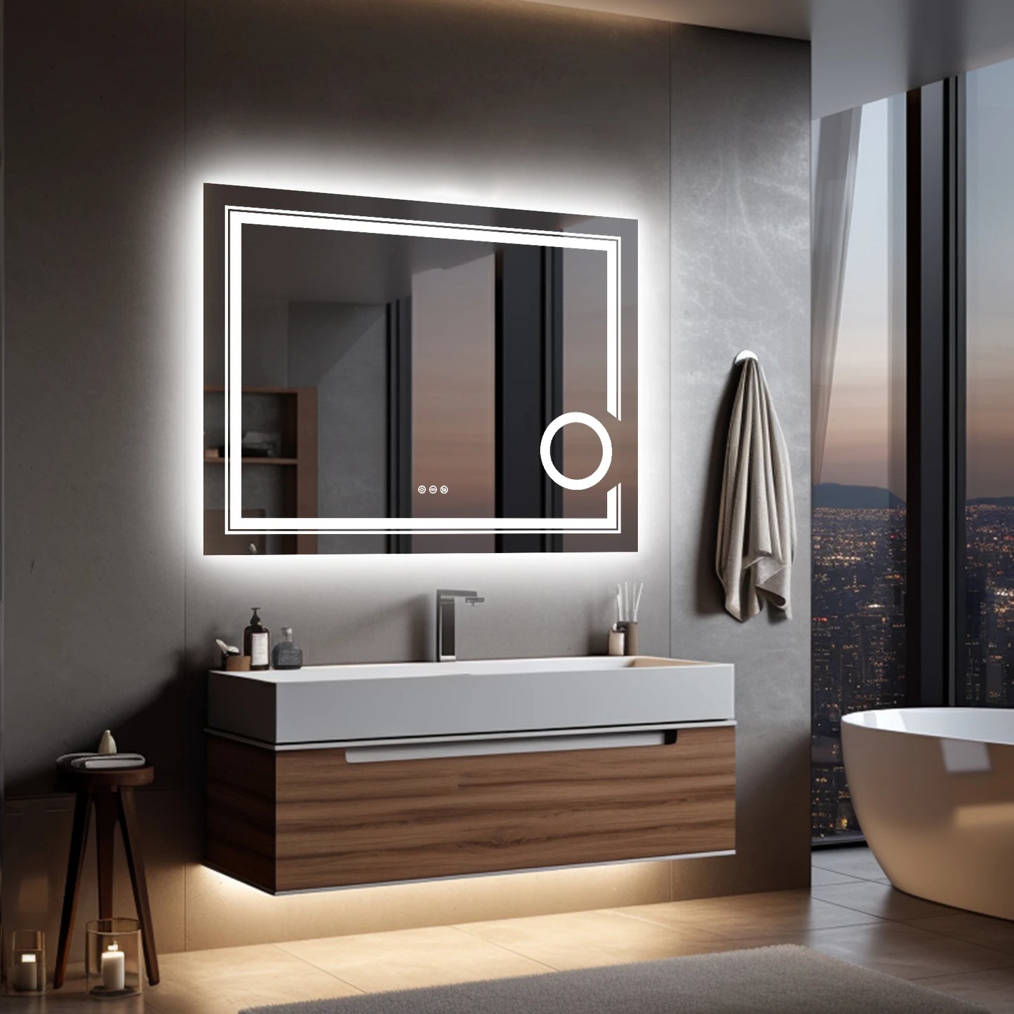 LED Lighted Smart Bathroom Mirror With 3x Magnifier Dimmable AntiFog