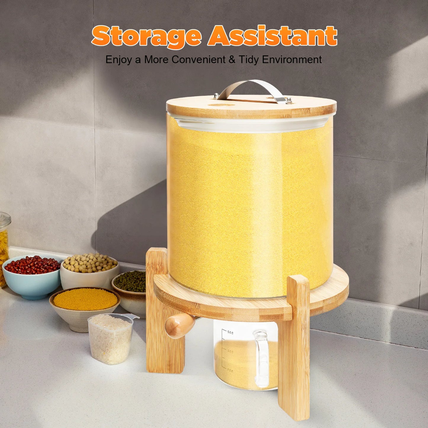 Airtight Glass Food Storage Dispenser With Bamboo Lid Cup Stand