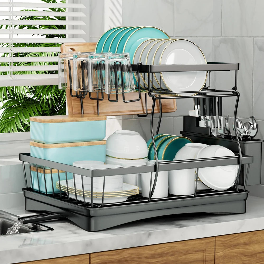 Two Tier Metal Dish Drying Rack Removable For Kitchen Countertop Large Capacity