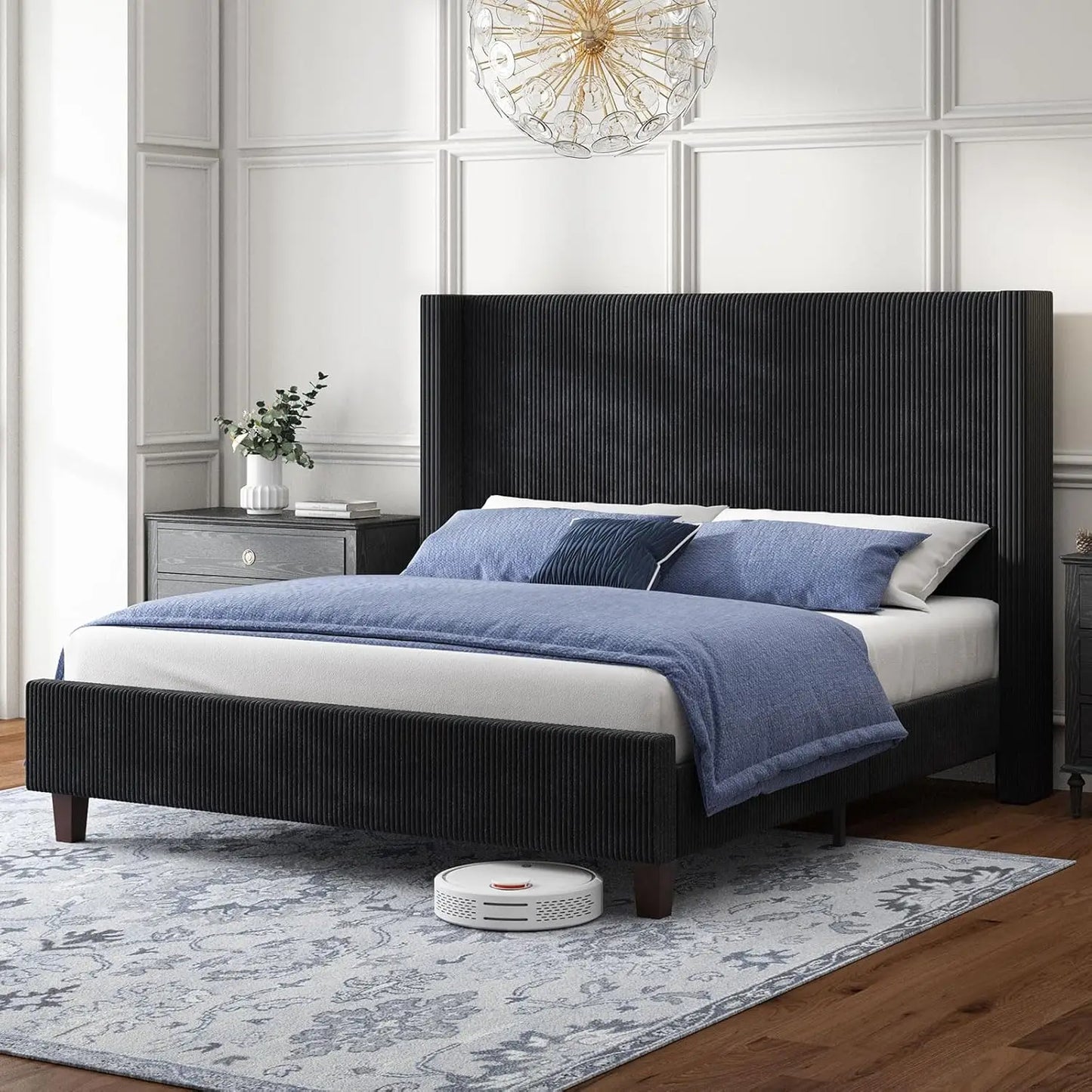 General Modern Corduroy Wingback Upholstered Bed Frame