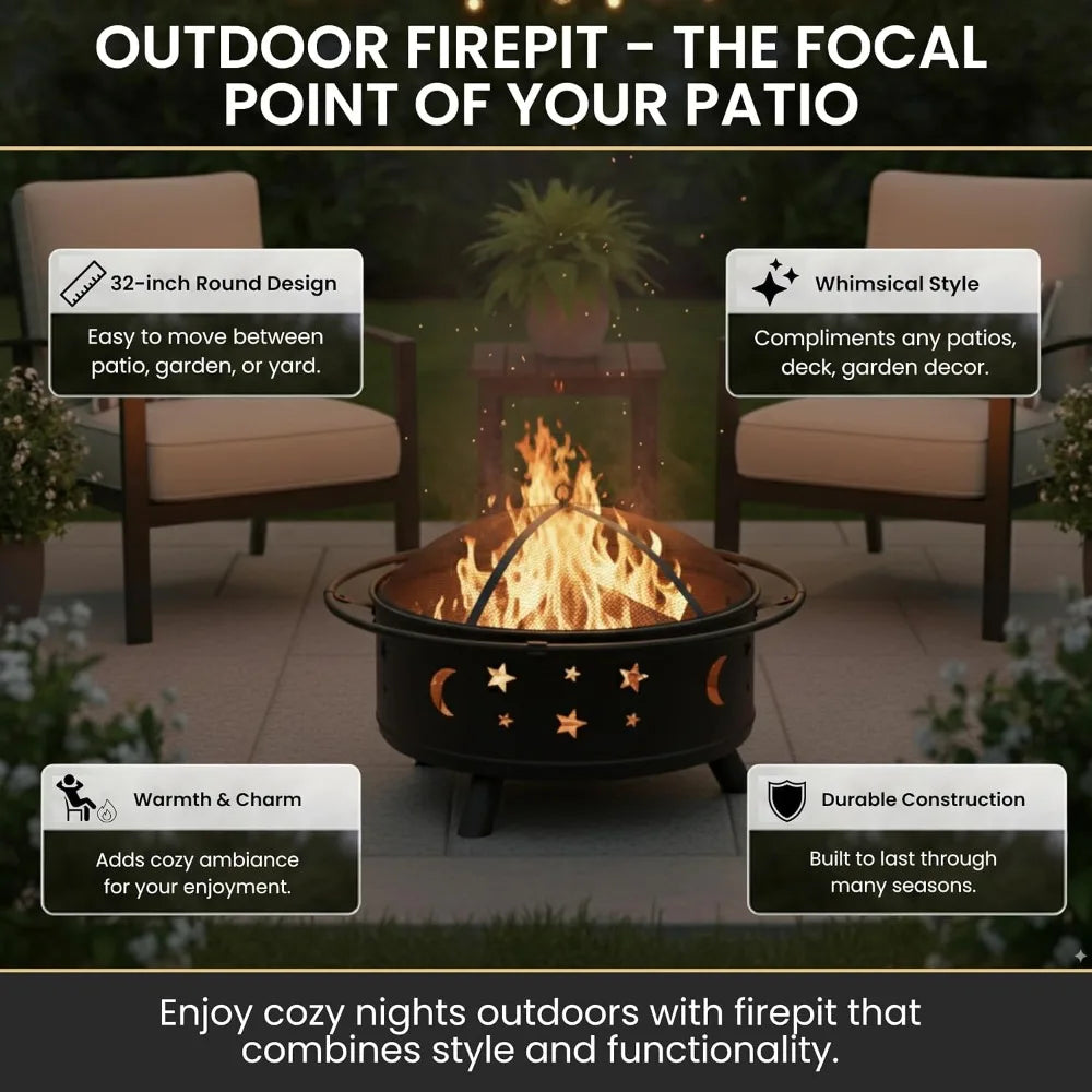 Outdoor Wood Burning Fire Pit With Spark Screen Poker Cover