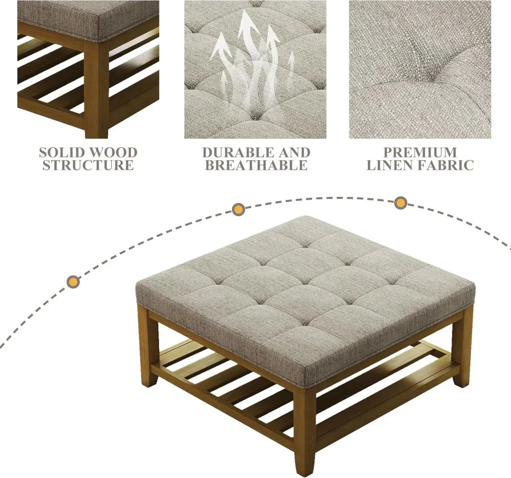 Square Ottoman Coffee Table With Wood Shelf Storage Tufted