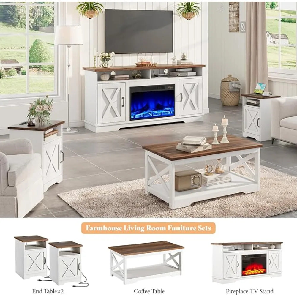 Farmhouse 5 Piece Table Set With TV Stand USB Endtables