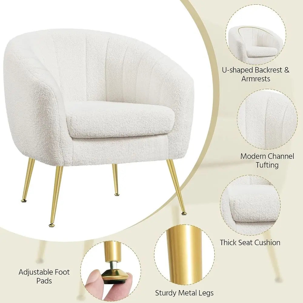 Barrel Accent Chairs Set of 2 Boucle Fabric Armchairs with Gold Legs