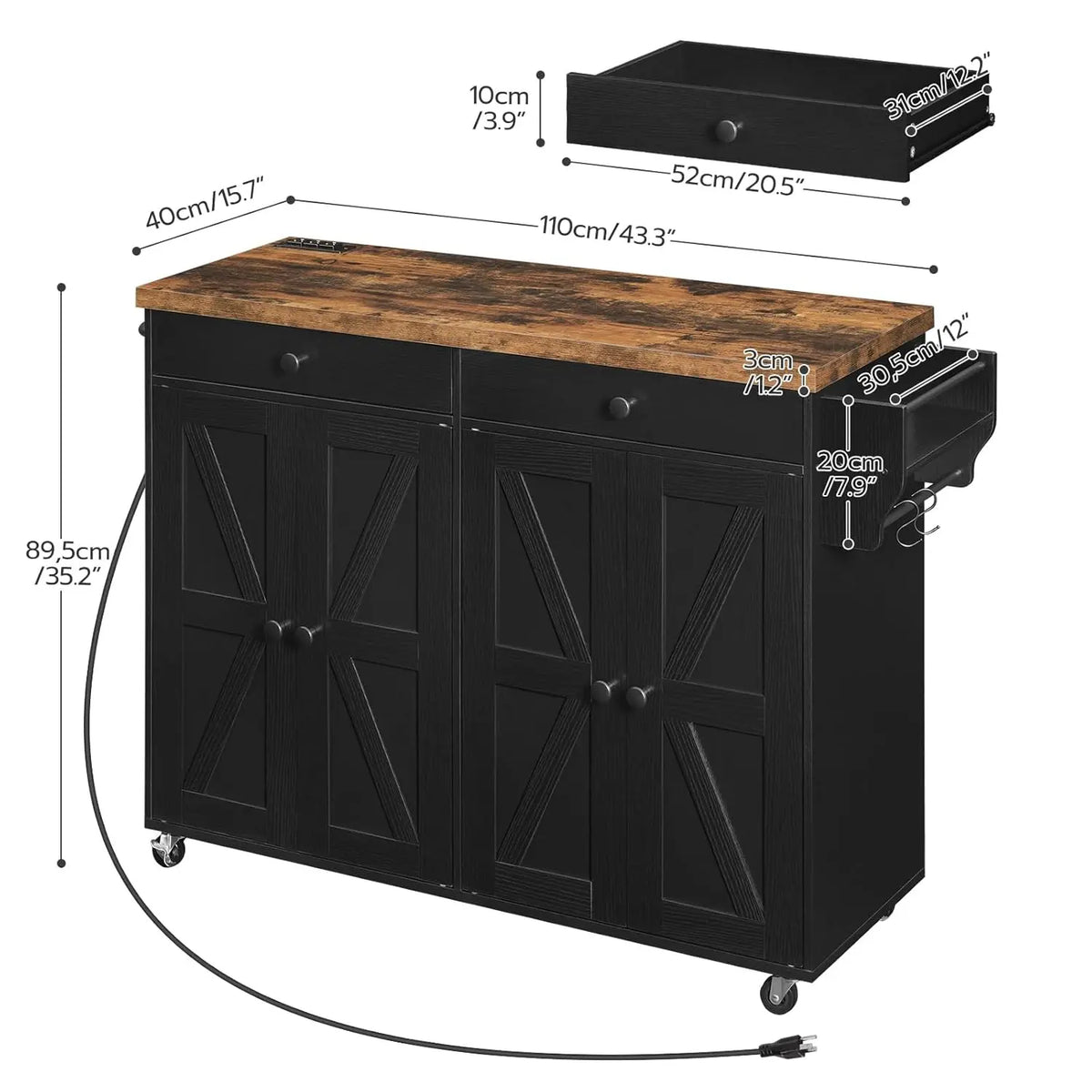 Rolling Kitchen Island Cart With Power Outlet And Storage