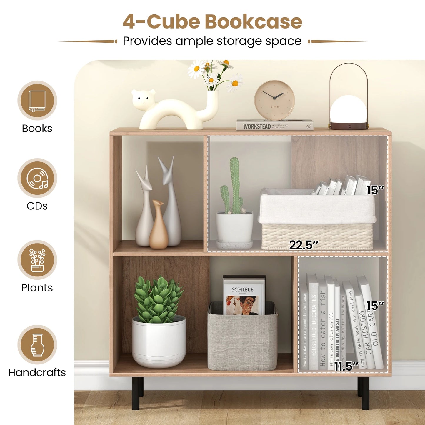 HOMASIS Open Shelf Bookcase Midcentury Modern Cube Storage Four Compartments