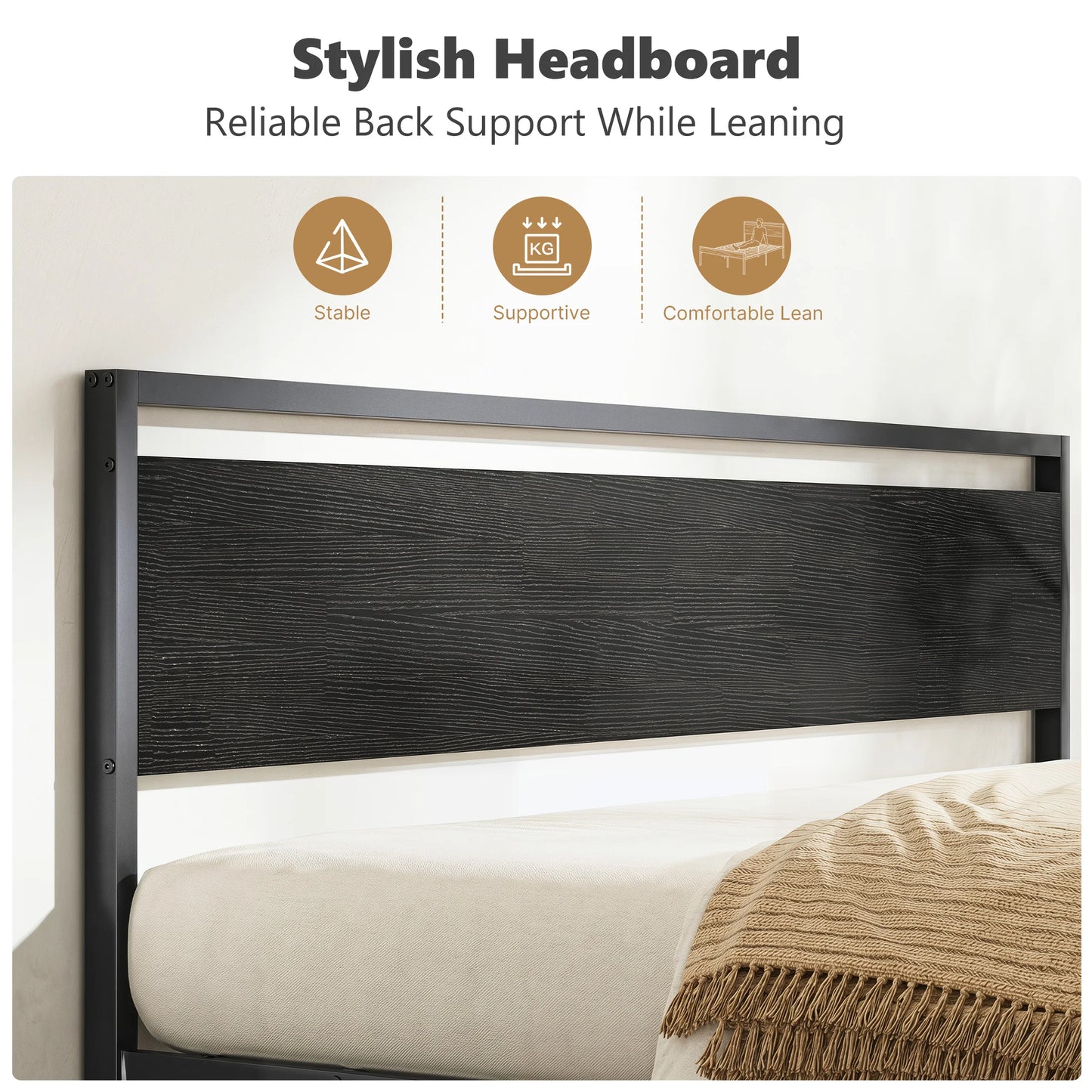 JHK Heavy Duty Metal Bed Frame With Wood Headboard