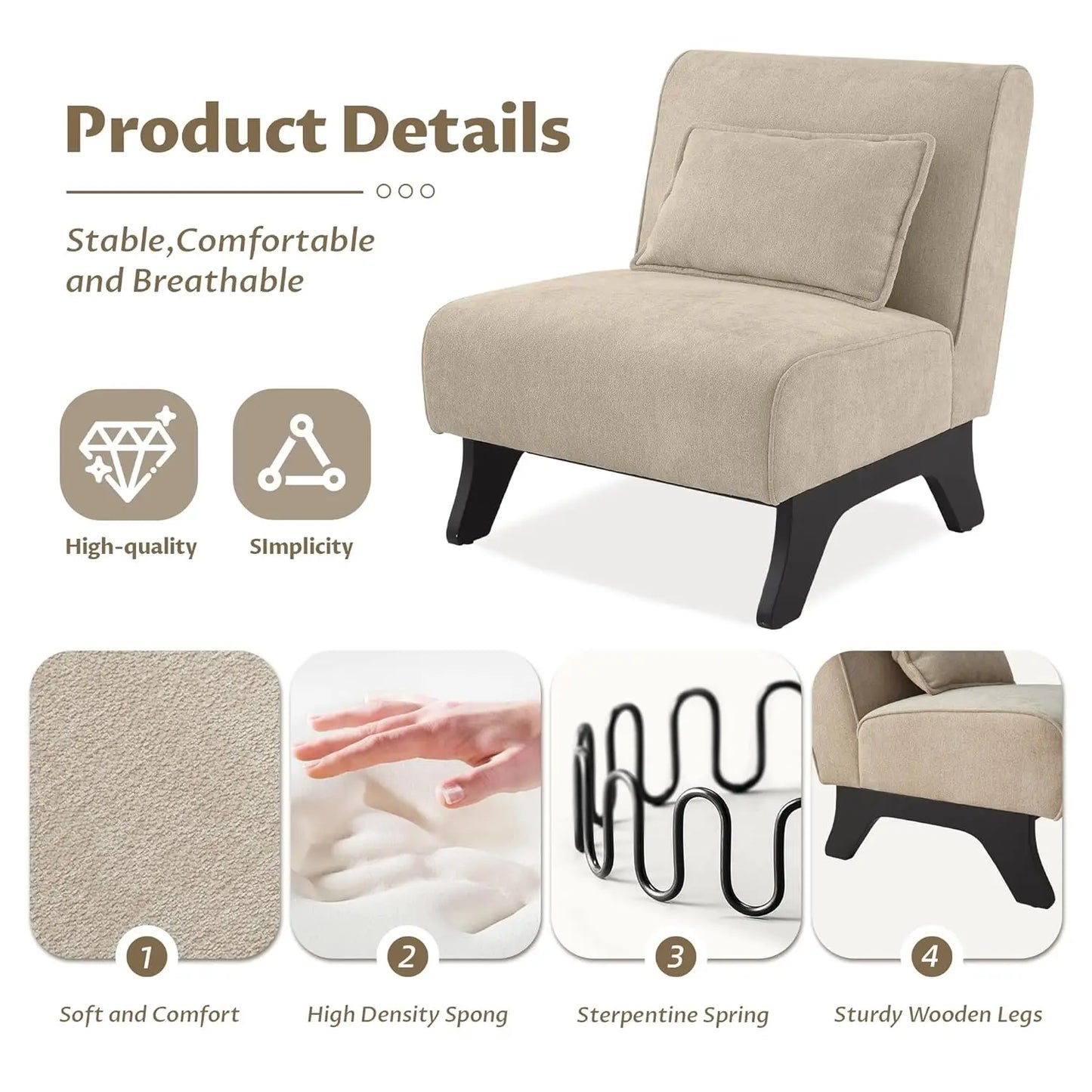 Modern Armless Accent Chair Set of 2, Wooden Legs & Pillows, Comfy Lounge Sofa Side Chair for Living Room, Custom