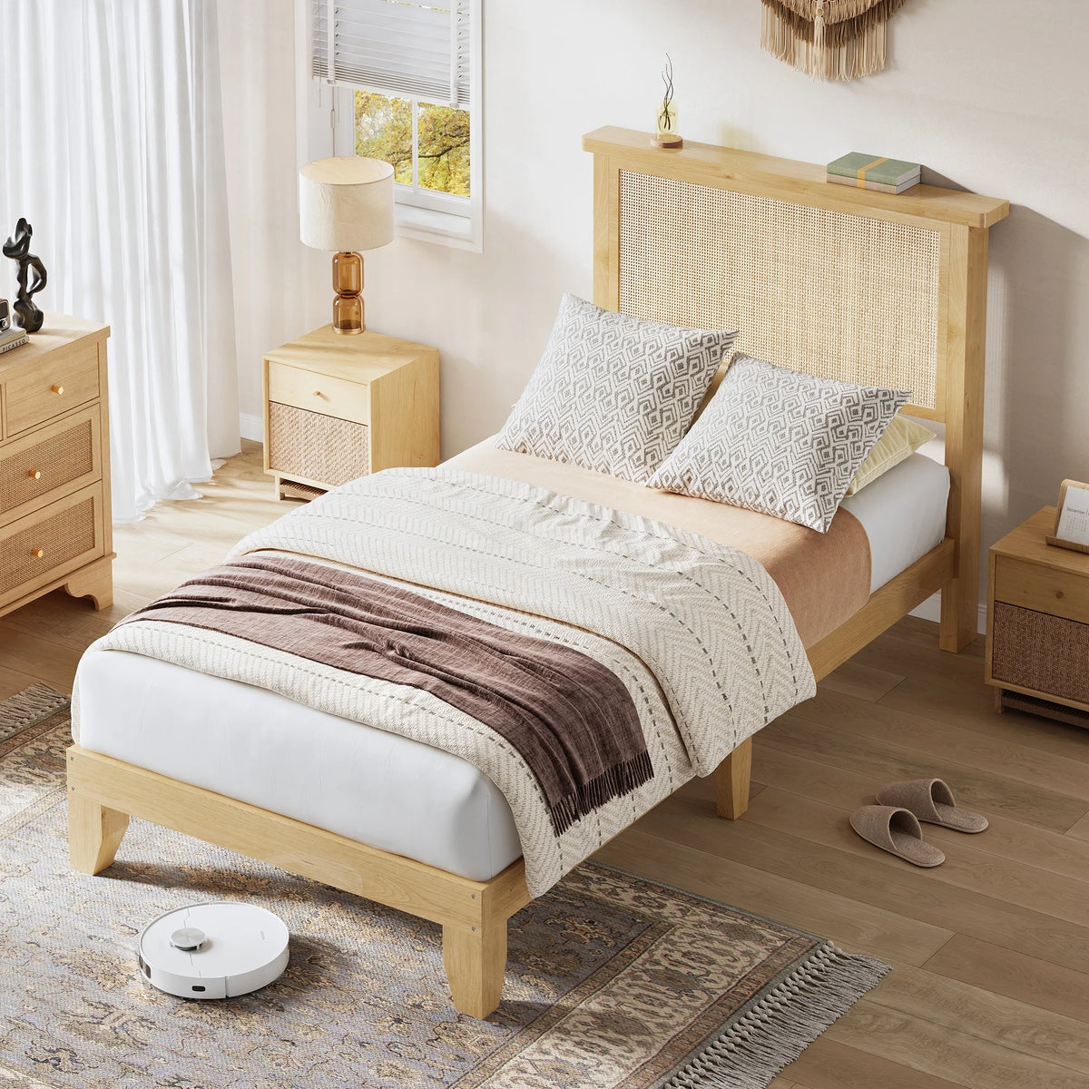 Modern Wood Platform Bed Frame With Rattan Headboard and Silent Slats