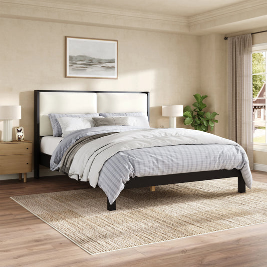 Solid Wood Platform Bed Frame With Upholstered Headboard No Box Spring Needed