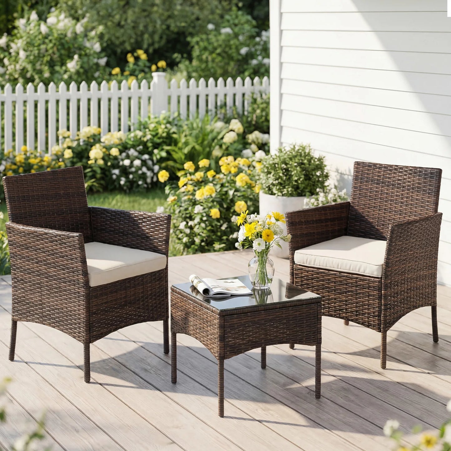 JHK 3-Piece Outdoor Rattan Patio Set With Glass Table Cushions