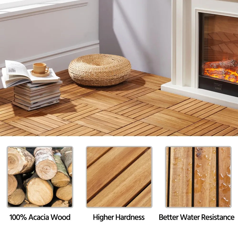 Acacia Wood Interlocking Flooring Tiles Outdoor Waterproof PVC Base