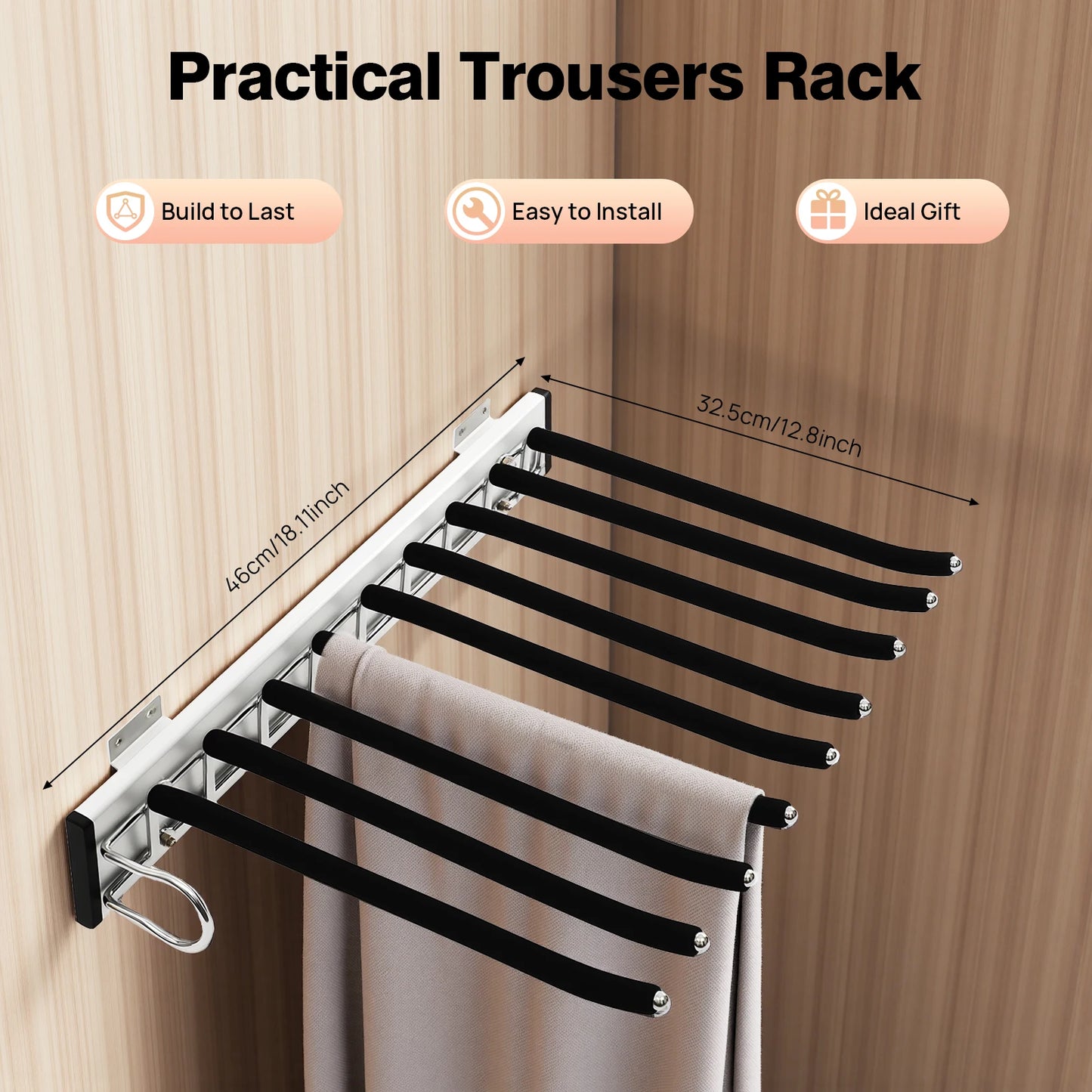 9-Rod Side Mounted Trouser Hanger With Pull-Out Rack Flocked Bars