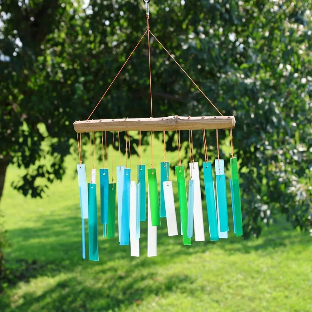 Handcrafted Sea Glass And Driftwood Wind Chime With Sandblasted Glass