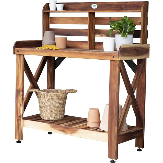 Acacia Wood Garden Potting Bench With Serving Bar Outdoor