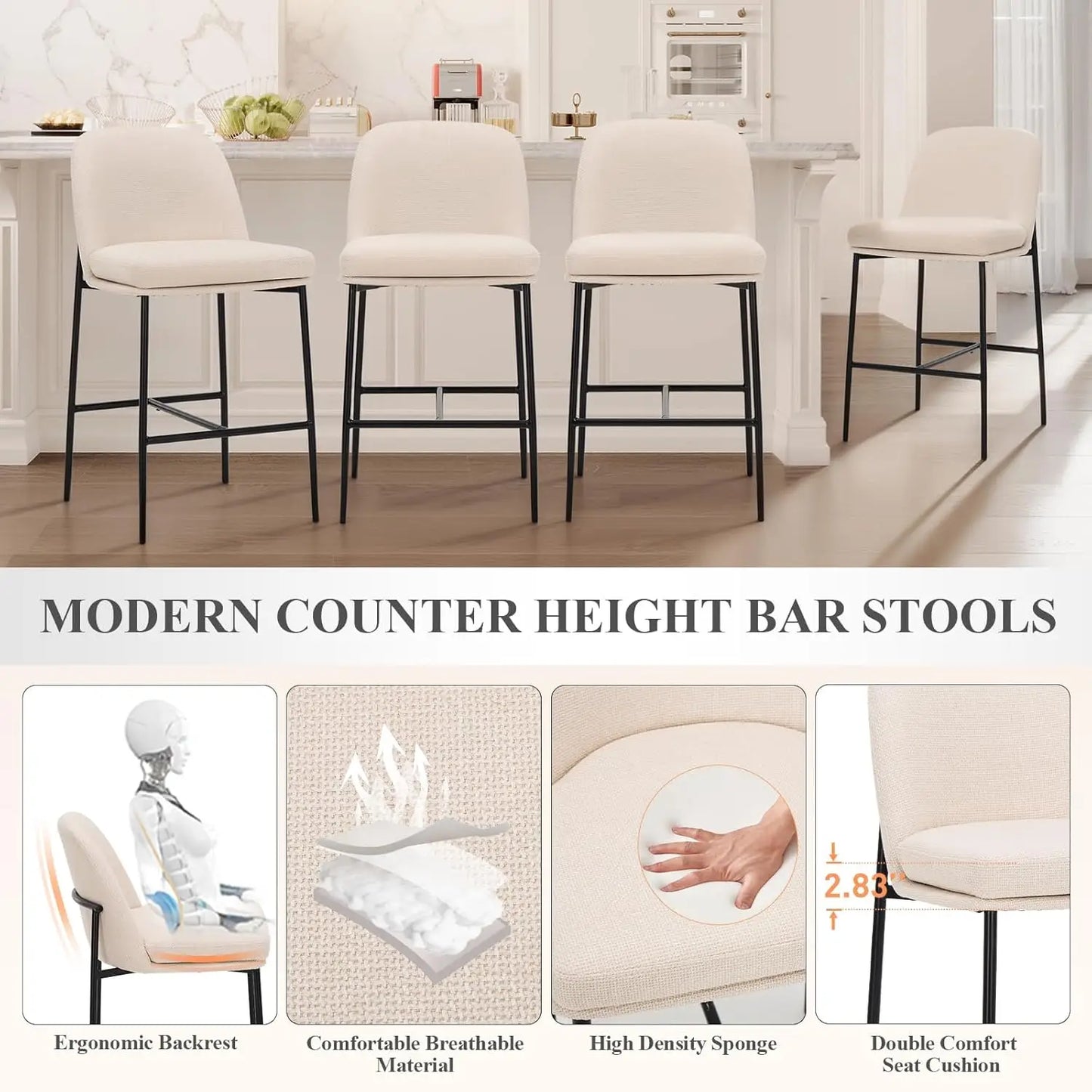 Counter Height Bar Stools Set Of 4 With Back Modern Upholstered Fabric
